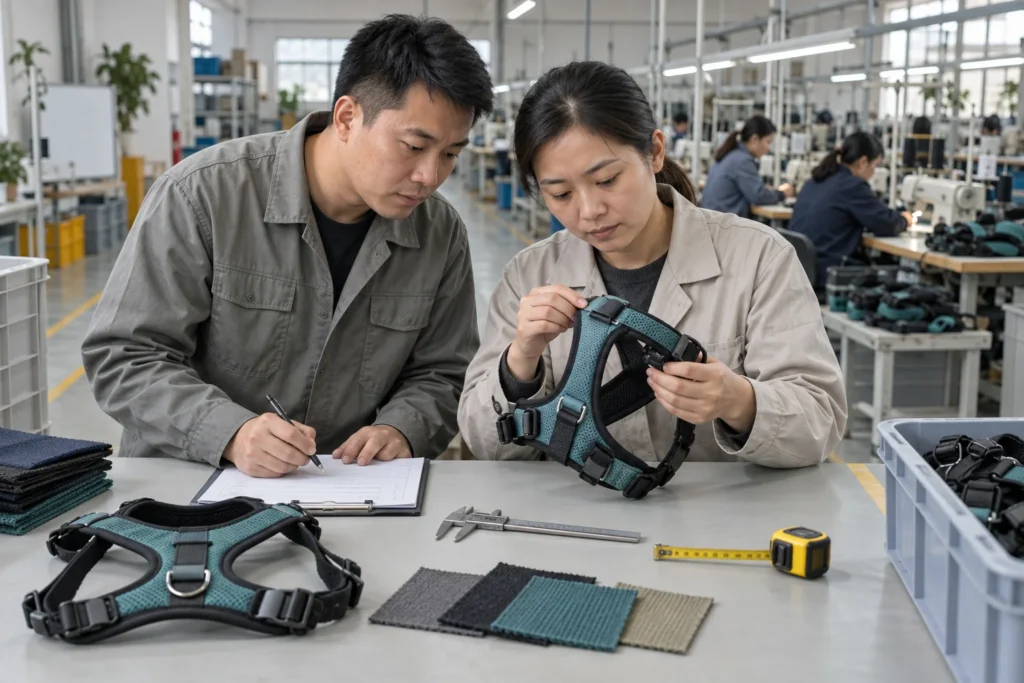 Illustration of quality professionals checking a dog harness at a pet product factory in China