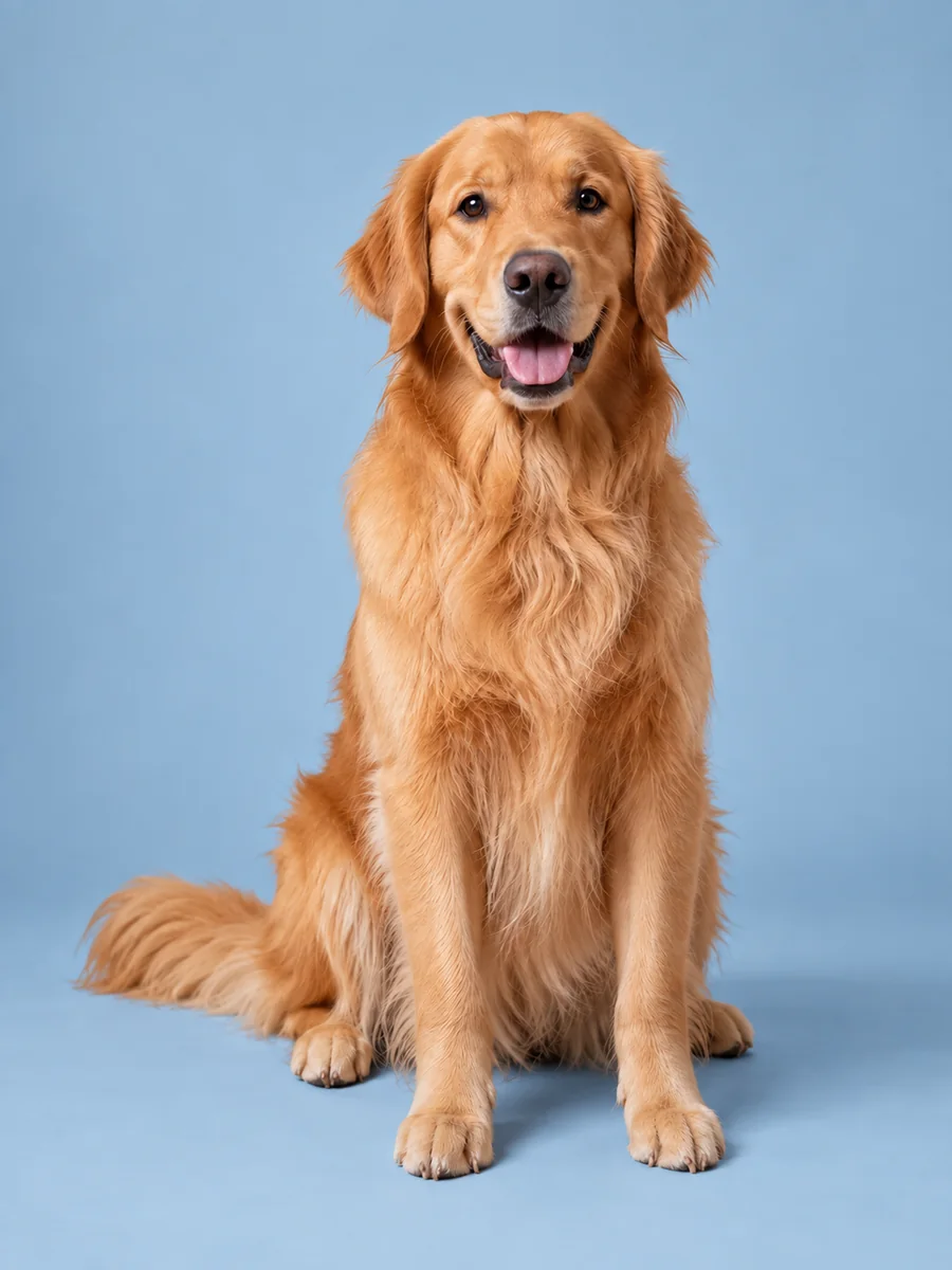 Golden retriever sitting against a soft blue studio background