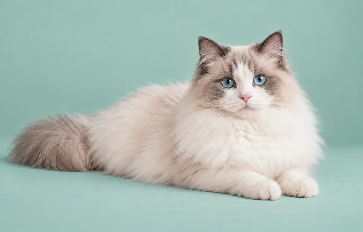 Blue-eyed Ragdoll cat resting against a soft teal studio background