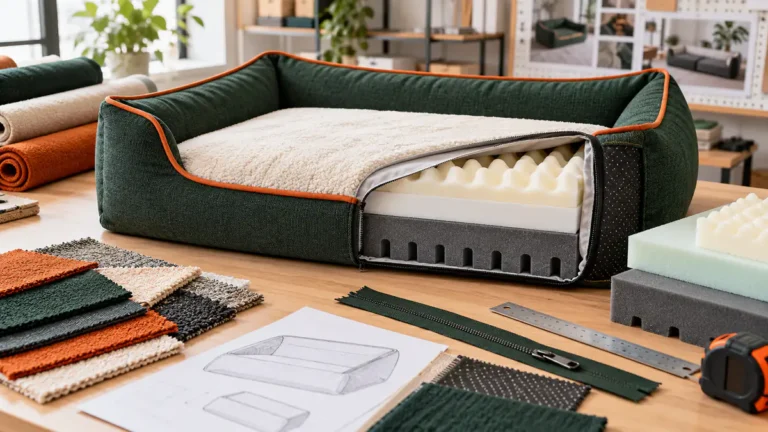 Dog bed materials and foam layers prepared for manufacturer review