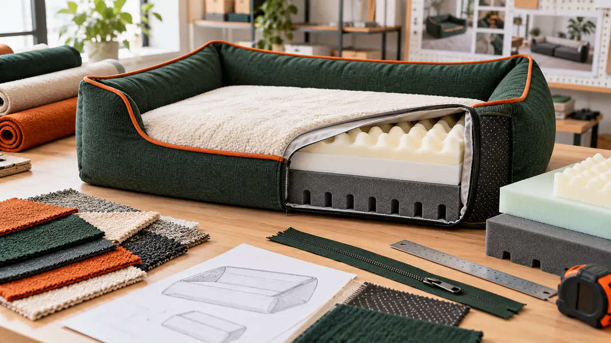 Dog bed materials and foam layers prepared for manufacturer review