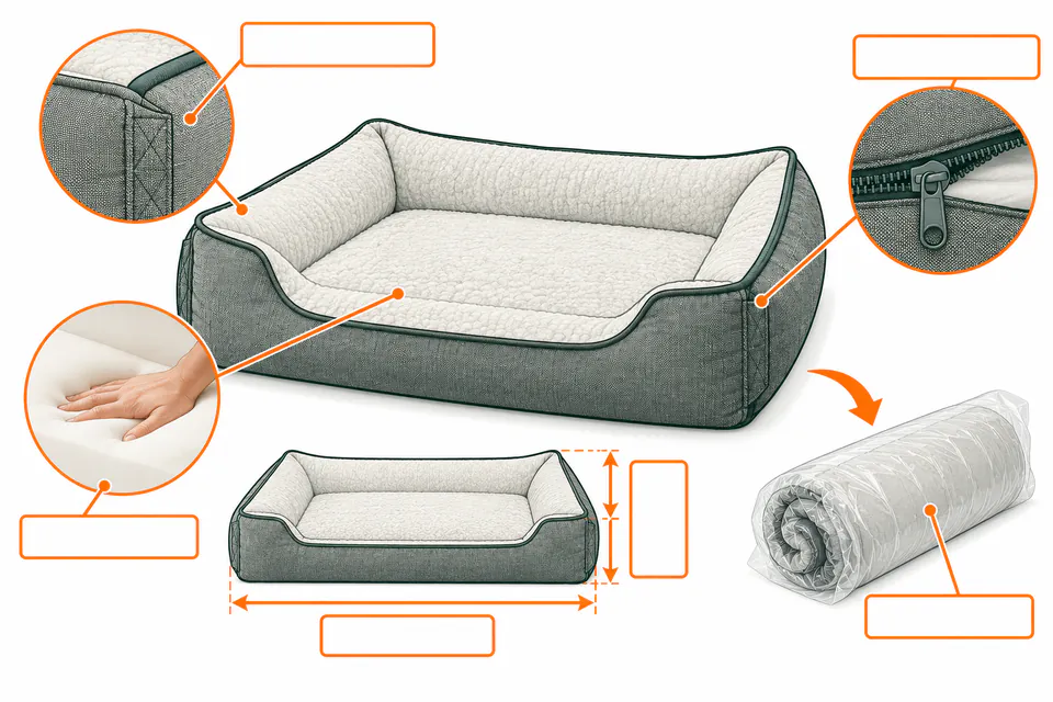 Dog bed quality checkpoints for stitching foam and dimensions