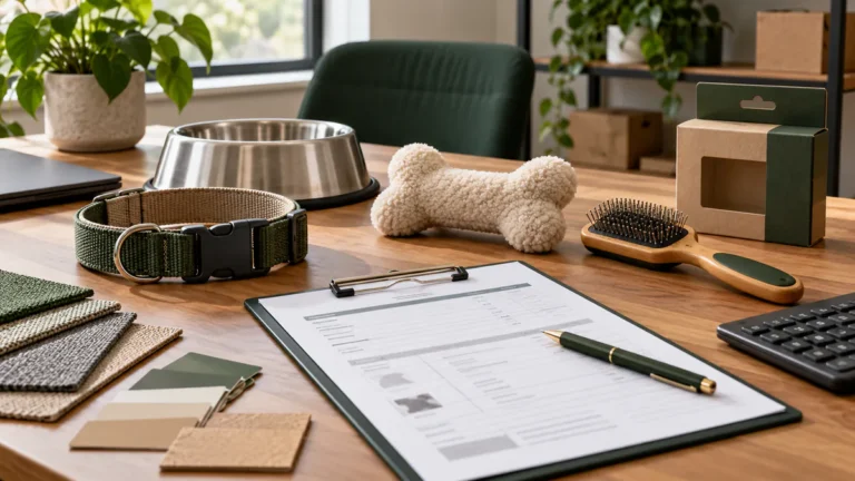 Pet product samples beside a structured RFQ and supplier quotation checklist