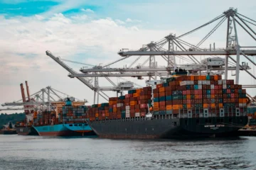 Container ship loaded with freight leaving port, illustrating FOB and DDP shipping terms for pet product imports