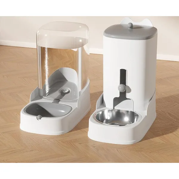 2-in-1 Gravity Feeder & Waterer, pebble grey with steel bowl - Petlland private label sourcing