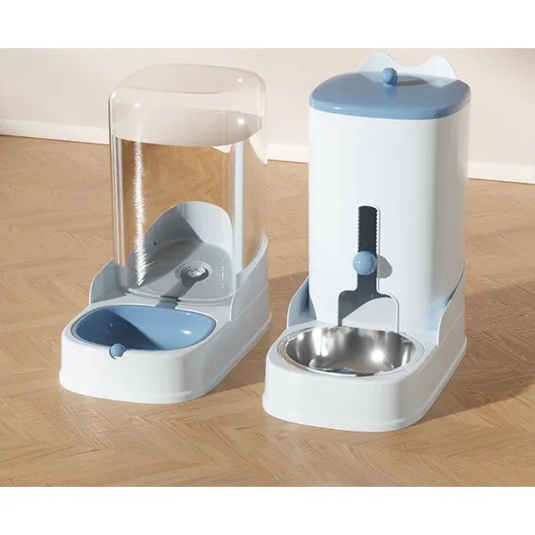 2-in-1 Gravity Feeder & Waterer, sky blue with steel bowl - Petlland private label sourcing