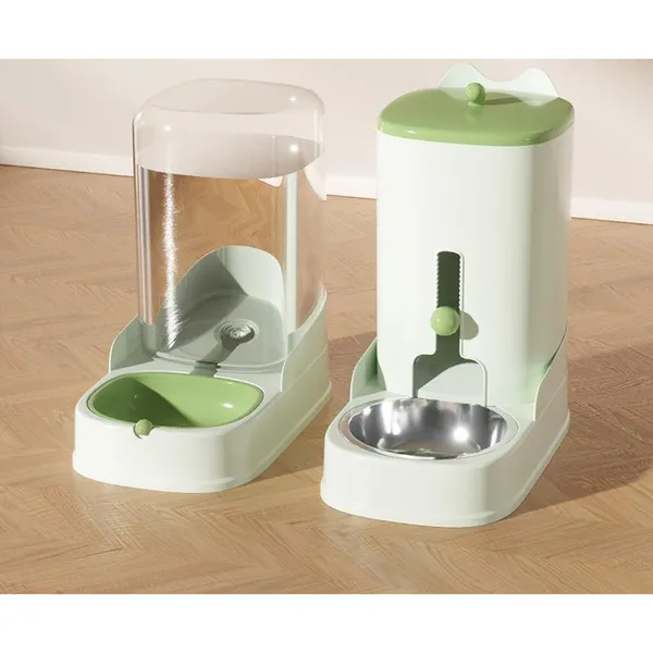2-in-1 Gravity Feeder & Waterer, grass green with steel bowl - Petlland private label sourcing