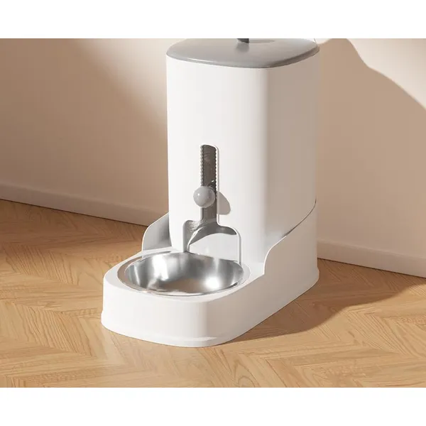 2-in-1 Gravity Feeder & Waterer, pebble grey feeder with steel bowl - Petlland private label sourcing