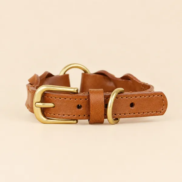 Braided Genuine Leather Collar, tan - Petlland private label sourcing