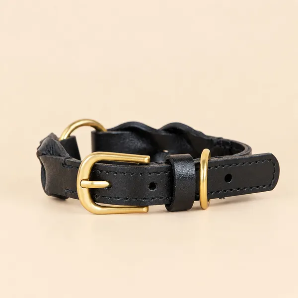 Braided Genuine Leather Collar, black - Petlland private label sourcing