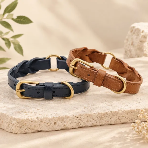 Braided Genuine Leather Collar, navy and tan - Petlland private label sourcing