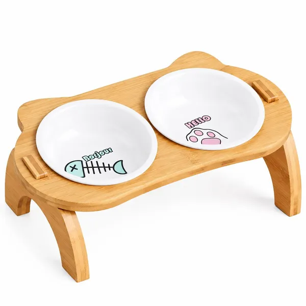 Ceramic and solid wood Ceramic Double Bowl w/ Wood Stand - Petlland private label sourcing