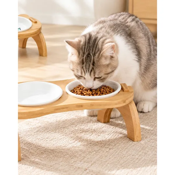 Ceramic Double Bowl w/ Wood Stand, with a cat - Petlland private label sourcing