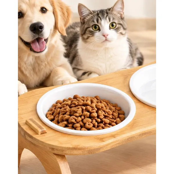 Ceramic Double Bowl w/ Wood Stand, with a dog and cat - Petlland private label sourcing