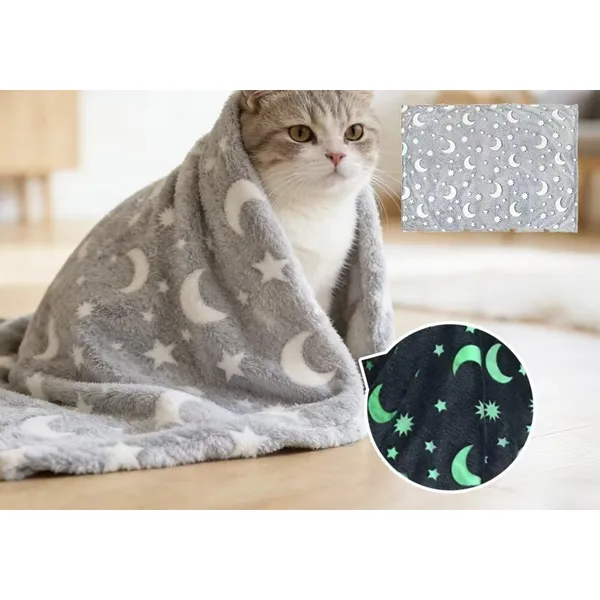 Glow-in-the-Dark Flannel Blanket, wrapped around a cat - Petlland private label sourcing