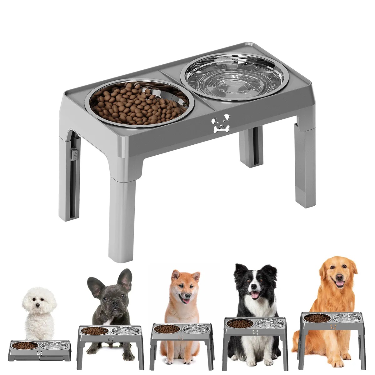 Height-Adjustable Elevated Double Bowl, height settings - Petlland private label sourcing