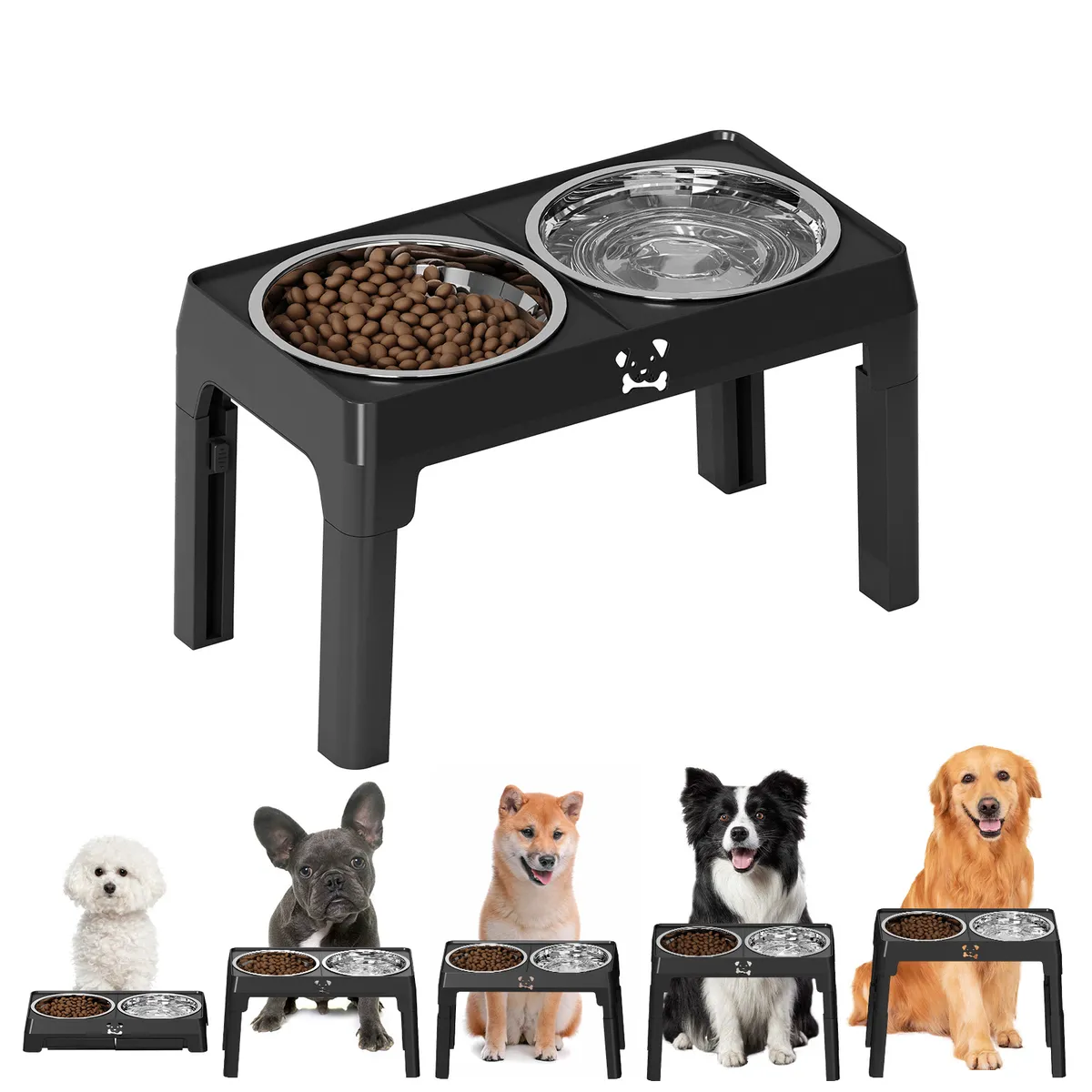 Height-Adjustable Elevated Double Bowl, height settings - Petlland private label sourcing