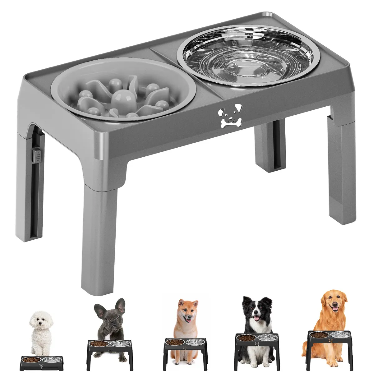 Height-Adjustable Elevated Double Bowl, grey - Petlland private label sourcing