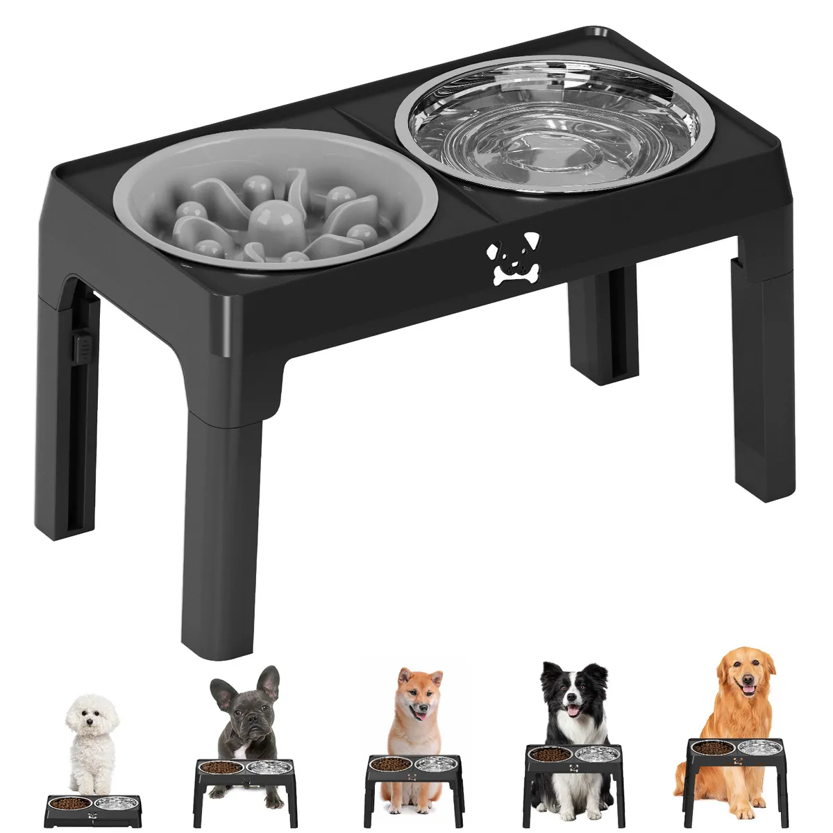 Height-Adjustable Elevated Double Bowl, black - Petlland private label sourcing