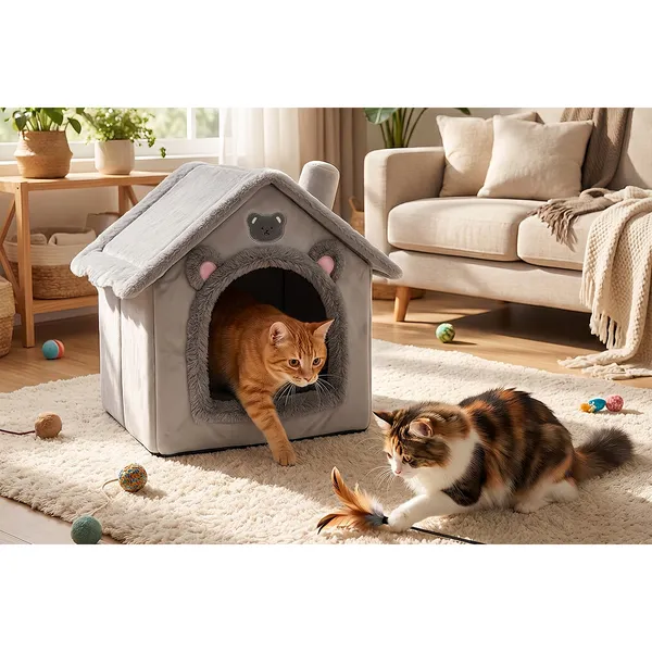 House-Shape Washable Cat Bed, brown colourway - Petlland private label sourcing