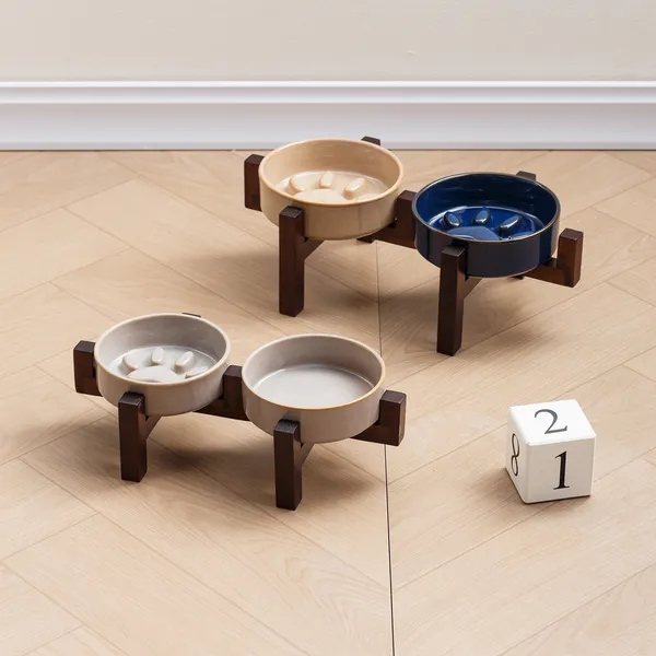 Japanese Kiln-Glaze Ceramic Slow Feeder, wood stand set - Petlland private label sourcing