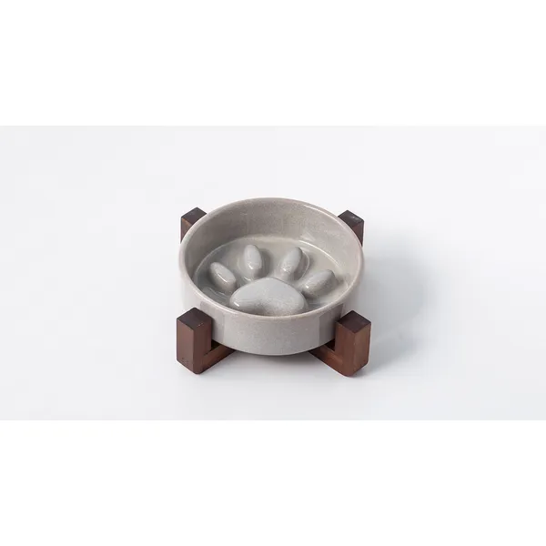 Japanese Kiln-Glaze Ceramic Slow Feeder, grey on stand - Petlland private label sourcing