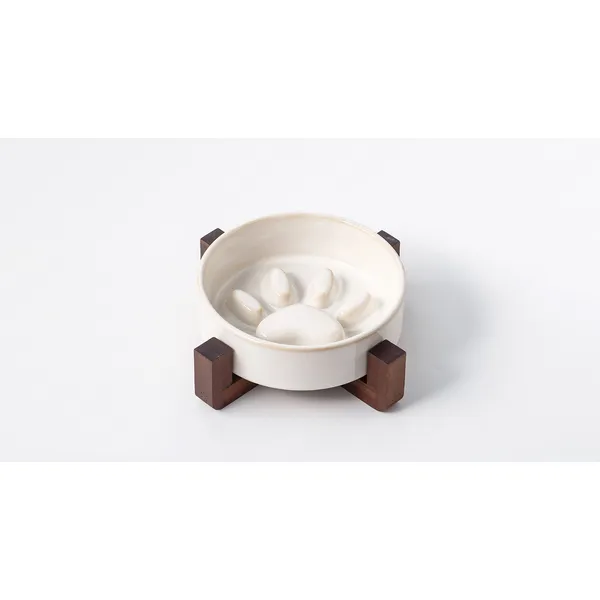 Japanese Kiln-Glaze Ceramic Slow Feeder, cream on stand - Petlland private label sourcing