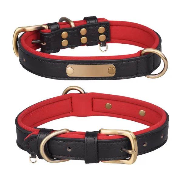 Leather Collar with Engraved Plate, black and red - Petlland private label sourcing