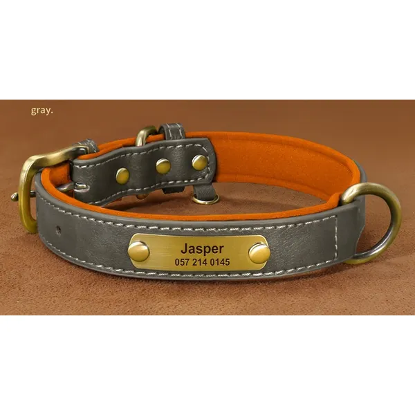 Leather Collar with Engraved Plate, grey - Petlland private label sourcing