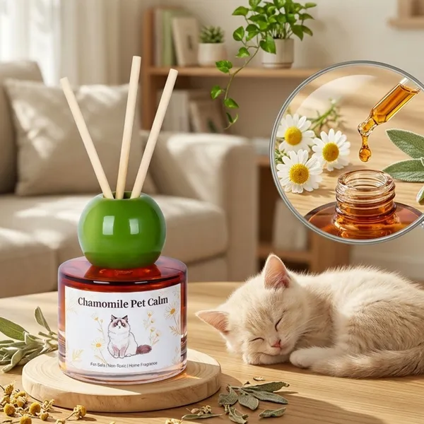 Pet-Safe Reed Diffuser / Solid Balm, styled with a cat - Petlland private label sourcing