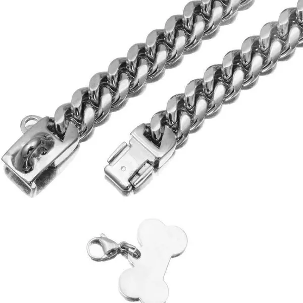 Stainless Steel Cuban Link Collar, with bone tag - Petlland private label sourcing